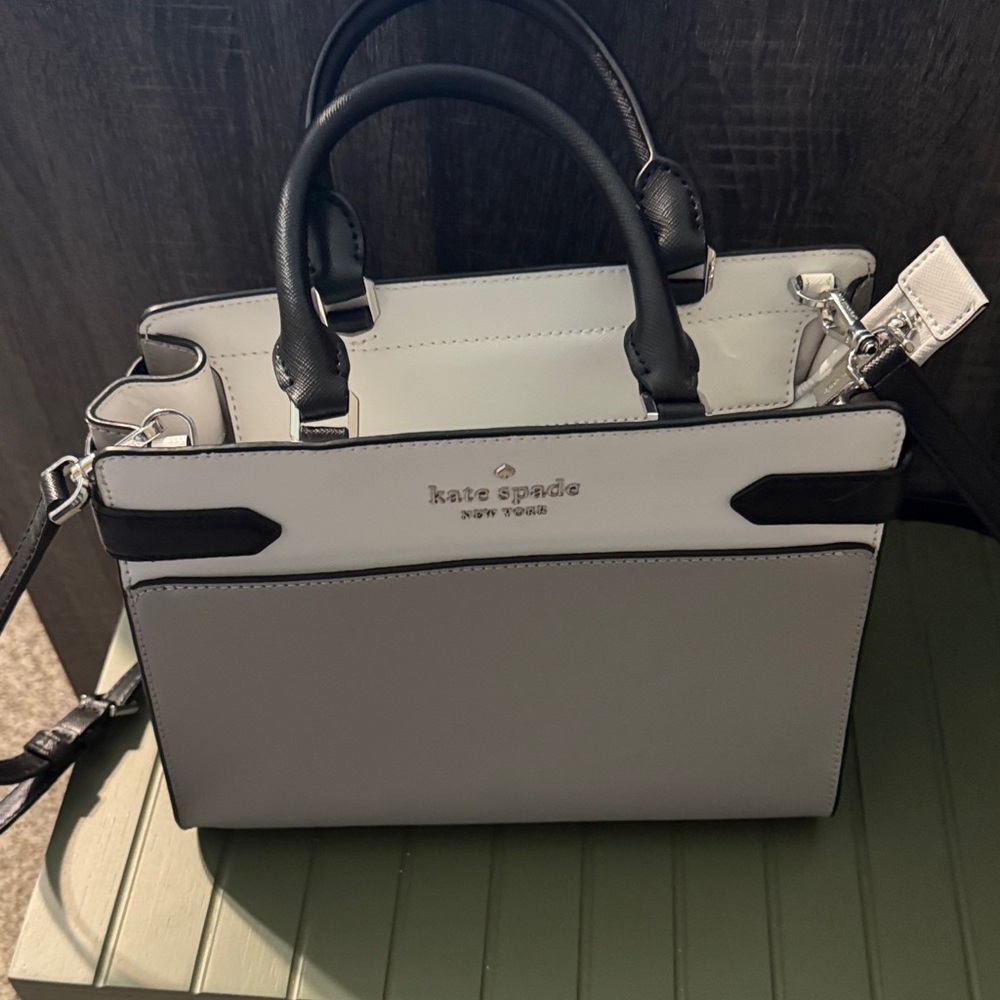 Kate Spade Staci Saffiano Leather Colorblock Black Grey White Satchel